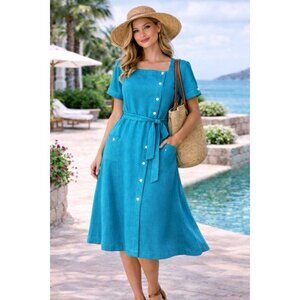 Vintage Adele Simpson Linen Dress Blue Button Front Tie Waist Pockets Size Large